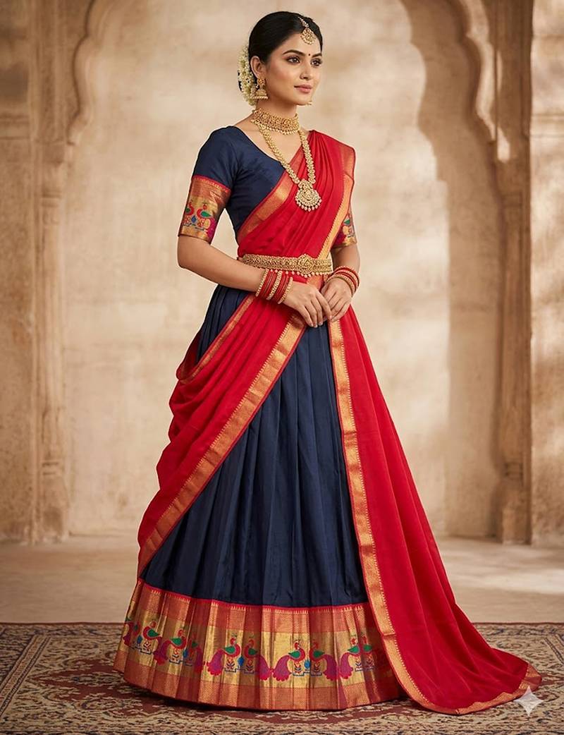 Black Kanchi Cotton Zari Weaving Work Semi-stitched Lehenga Choli with Dupatta