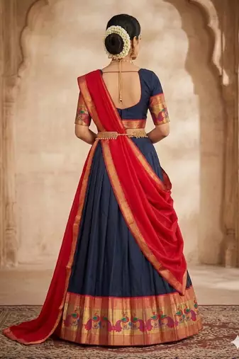 Black Kanchi Cotton Zari Weaving Work Semi-stitched Lehenga Choli with Dupatta
