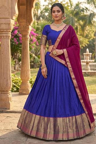 Royalblue Kanchi Cotton Zari Weaving Work Semi-stitched Lehenga Choli with Dupatta