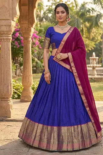 Royalblue Kanchi Cotton Zari Weaving Work Semi-stitched Lehenga Choli with Dupatta