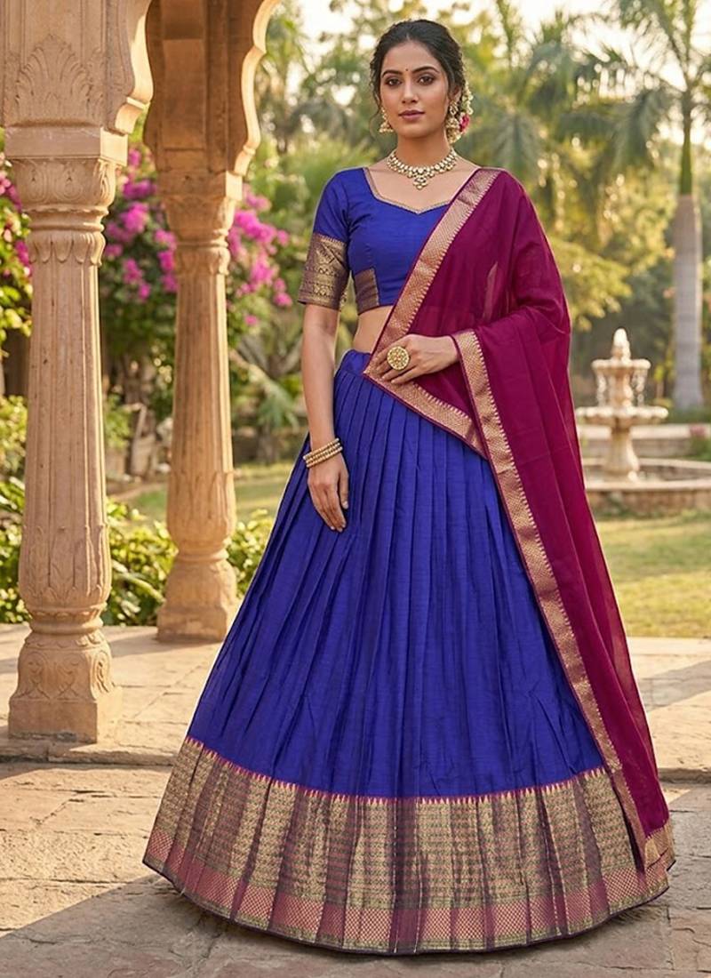 Royalblue Kanchi Cotton Zari Weaving Work Semi-stitched Lehenga Choli with Dupatta