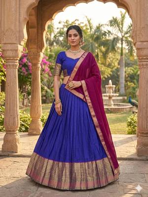 Royalblue Kanchi Cotton Zari Weaving Work Semi-stitched Lehenga Choli with Dupatta 2