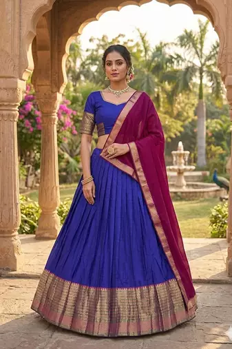 Royalblue Kanchi Cotton Zari Weaving Work Semi-stitched Lehenga Choli with Dupatta