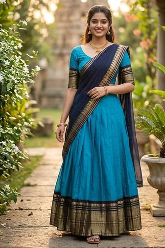 Skyblue Kanchi Cotton Zari Weaving Work Semi-stitched Lehenga Choli with Dupatta