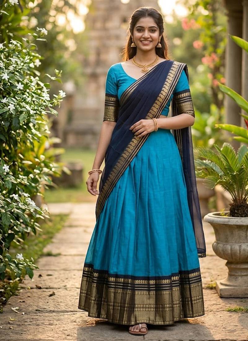 Skyblue Kanchi Cotton Zari Weaving Work Semi-stitched Lehenga Choli with Dupatta