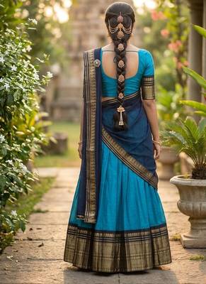 Skyblue Kanchi Cotton Zari Weaving Work Semi-stitched Lehenga Choli with Dupatta 2