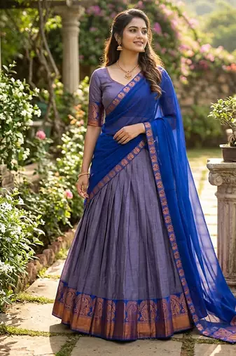 Skyblue Kanchi Cotton Zari Weaving Work Semi-stitched Lehenga Choli with Dupatta