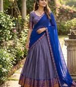 Skyblue Kanchi Cotton Zari Weaving Work Semi-stitched Lehenga Choli with Dupatta