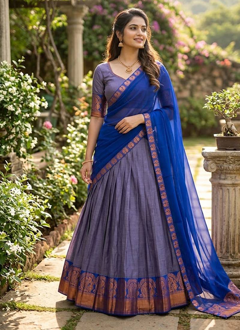 Skyblue Kanchi Cotton Zari Weaving Work Semi-stitched Lehenga Choli with Dupatta