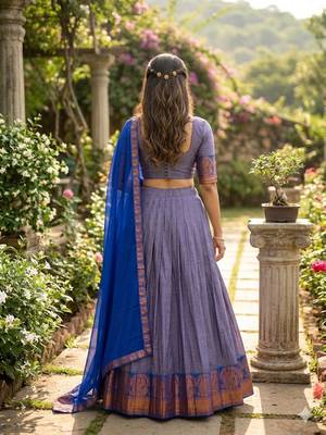 Skyblue Kanchi Cotton Zari Weaving Work Semi-stitched Lehenga Choli with Dupatta 2