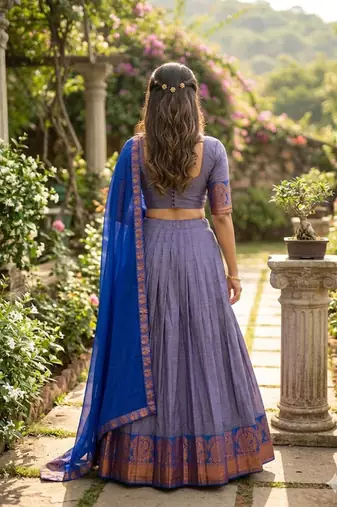 Skyblue Kanchi Cotton Zari Weaving Work Semi-stitched Lehenga Choli with Dupatta