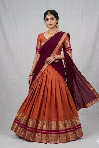 Orange Kanchi Cotton Zari Weaving Work Semi-stitched Lehenga Choli with Dupatta