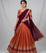 Orange Kanchi Cotton Zari Weaving Work Semi-stitched Lehenga Choli with Dupatta