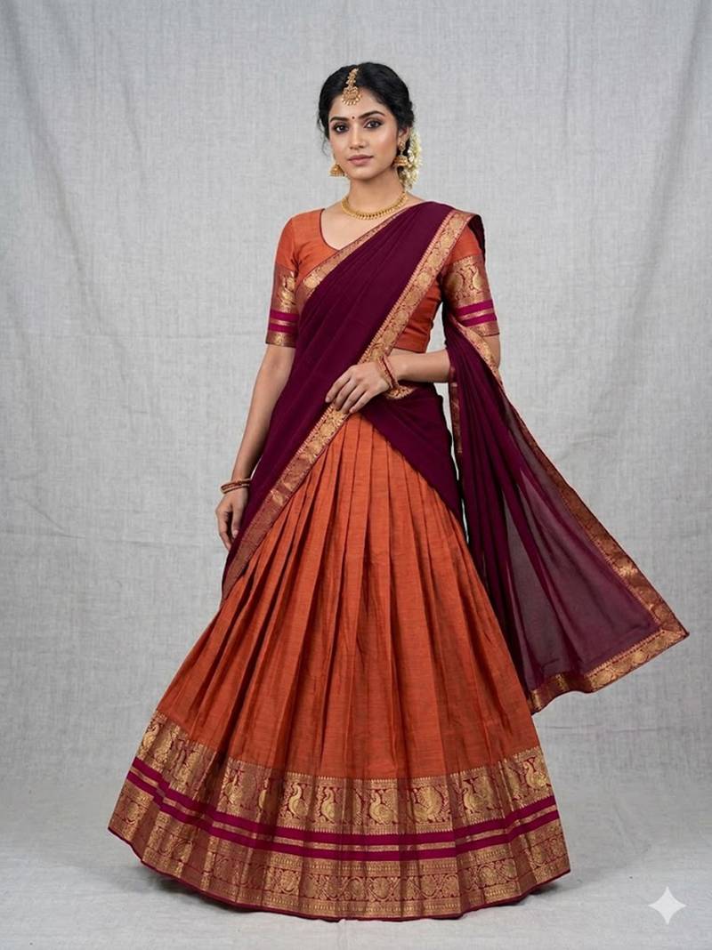 Orange Kanchi Cotton Zari Weaving Work Semi-stitched Lehenga Choli with Dupatta