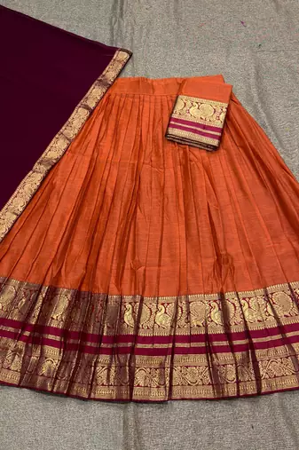 Orange Kanchi Cotton Zari Weaving Work Semi-stitched Lehenga Choli with Dupatta