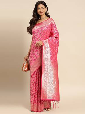 Women   s Jacquard Silk Rich Zari Woven Saree With Unstitched Blouse Piece  1