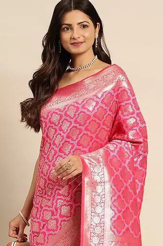 Women   s Jacquard Silk Rich Zari Woven Saree With Unstitched Blouse Piece 