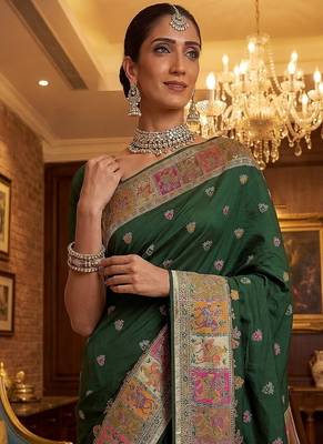 Dark Green Color Foliate Pattern,Zari And Shikaragh Zal Work Pashmina Silk Saree 1