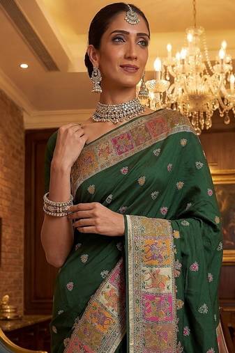 Dark Green Color Foliate Pattern,Zari And Shikaragh Zal Work Pashmina Silk Saree