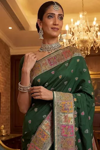 Dark Green Color Foliate Pattern,Zari And Shikaragh Zal Work Pashmina Silk Saree