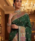 Dark Green Color Foliate Pattern,Zari And Shikaragh Zal Work Pashmina Silk Saree