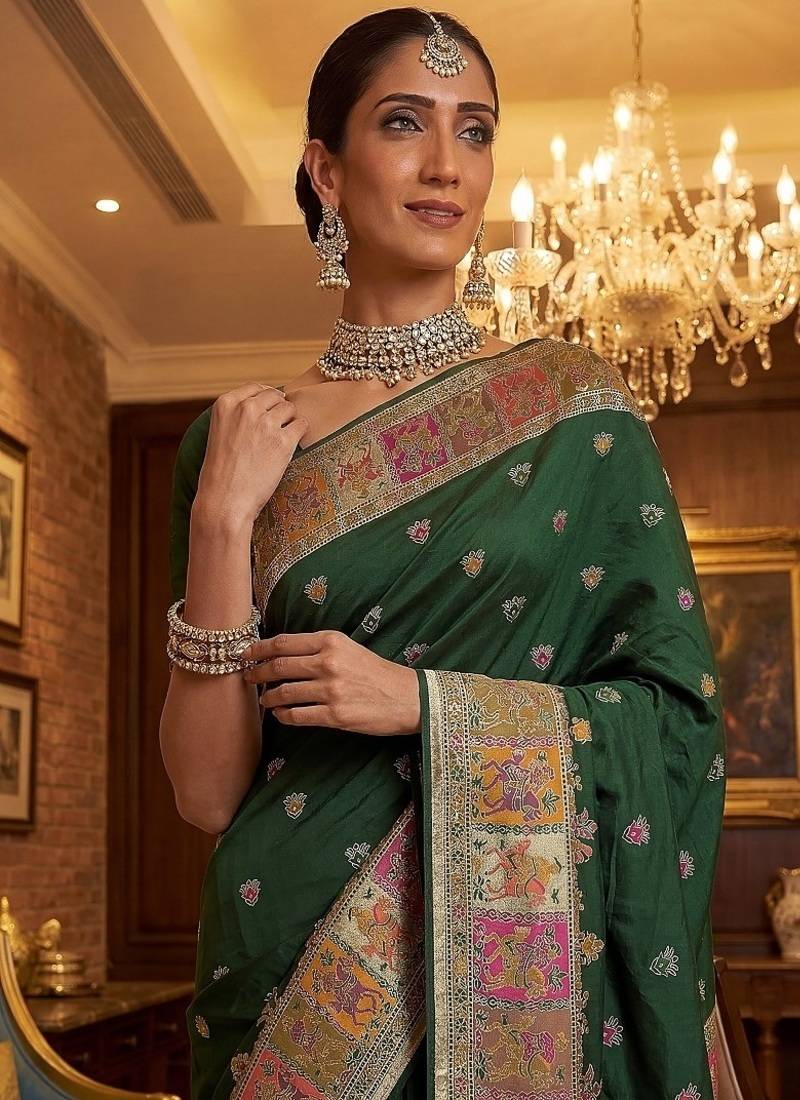 Dark Green Color Foliate Pattern,Zari And Shikaragh Zal Work Pashmina Silk Saree