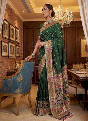 Dark Green Color Foliate Pattern,Zari And Shikaragh Zal Work Pashmina Silk Saree 2