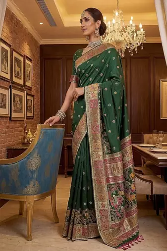 Dark Green Color Foliate Pattern,Zari And Shikaragh Zal Work Pashmina Silk Saree