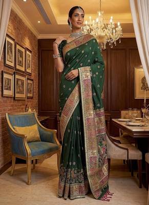Dark Green Color Foliate Pattern,Zari And Shikaragh Zal Work Pashmina Silk Saree 3
