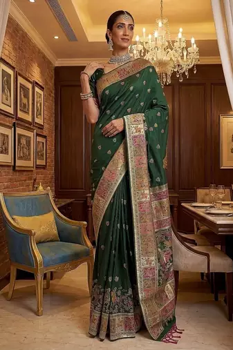 Dark Green Color Foliate Pattern,Zari And Shikaragh Zal Work Pashmina Silk Saree