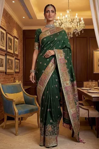 Dark Green Color Foliate Pattern,Zari And Shikaragh Zal Work Pashmina Silk Saree