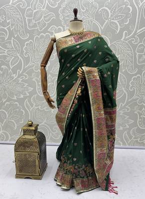 Dark Green Color Foliate Pattern,Zari And Shikaragh Zal Work Pashmina Silk Saree 5