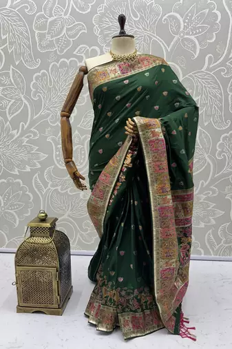 Dark Green Color Foliate Pattern,Zari And Shikaragh Zal Work Pashmina Silk Saree