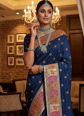Navy Blue Color Foliate Pattern,Zari And Shikaragh Zal Work Pashmina Silk Saree 1