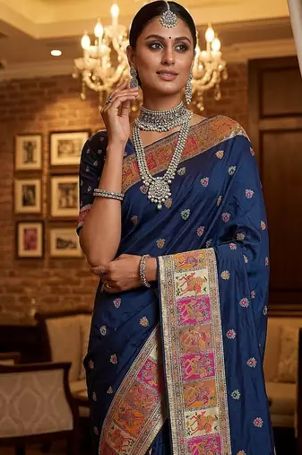 Navy Blue Color Foliate Pattern,Zari And Shikaragh Zal Work Pashmina Silk Saree