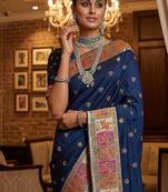 Navy Blue Color Foliate Pattern,Zari And Shikaragh Zal Work Pashmina Silk Saree