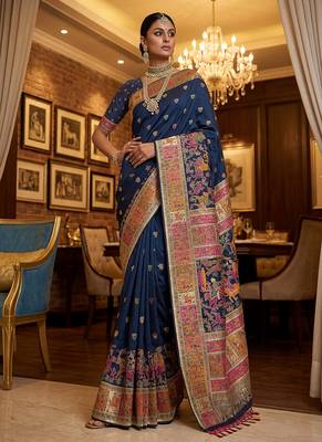 Navy Blue Color Foliate Pattern,Zari And Shikaragh Zal Work Pashmina Silk Saree 2