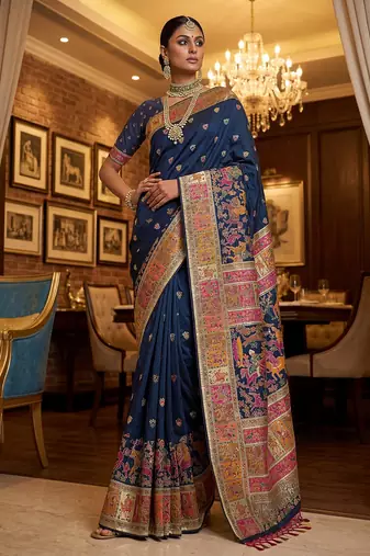 Navy Blue Color Foliate Pattern,Zari And Shikaragh Zal Work Pashmina Silk Saree