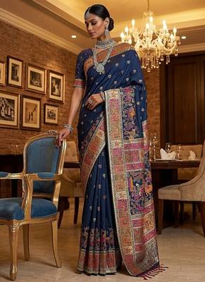 Navy Blue Color Foliate Pattern,Zari And Shikaragh Zal Work Pashmina Silk Saree 3