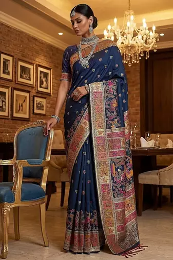 Navy Blue Color Foliate Pattern,Zari And Shikaragh Zal Work Pashmina Silk Saree