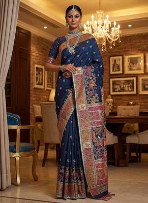 Navy Blue Color Foliate Pattern,Zari And Shikaragh Zal Work Pashmina Silk Saree 4