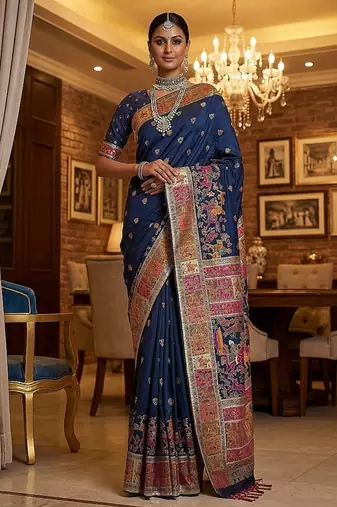 Navy Blue Color Foliate Pattern,Zari And Shikaragh Zal Work Pashmina Silk Saree