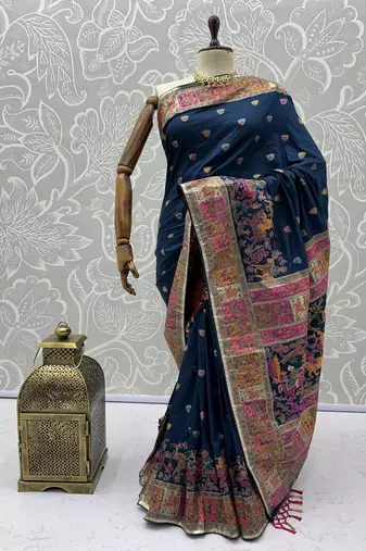 Navy Blue Color Foliate Pattern,Zari And Shikaragh Zal Work Pashmina Silk Saree