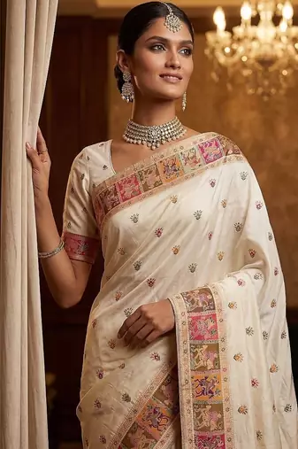 Off White Color Foliate Pattern,Zari And Shikaragh Zal Work Pashmina Silk Saree