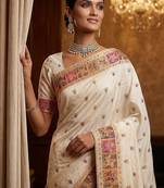Off White Color Foliate Pattern,Zari And Shikaragh Zal Work Pashmina Silk Saree