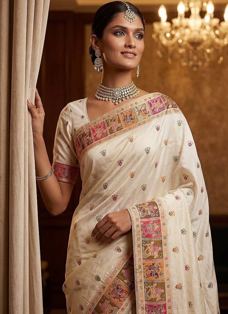 Off White Color Foliate Pattern,Zari And Shikaragh Zal Work Pashmina Silk Saree