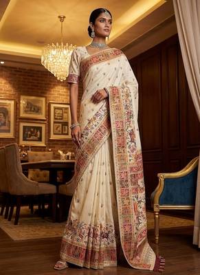 Off White Color Foliate Pattern,Zari And Shikaragh Zal Work Pashmina Silk Saree 2