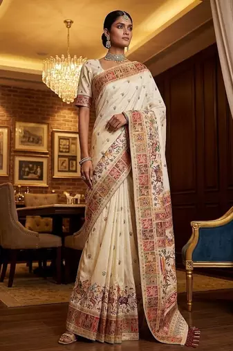 Off White Color Foliate Pattern,Zari And Shikaragh Zal Work Pashmina Silk Saree