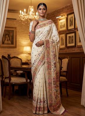 Off White Color Foliate Pattern,Zari And Shikaragh Zal Work Pashmina Silk Saree 3