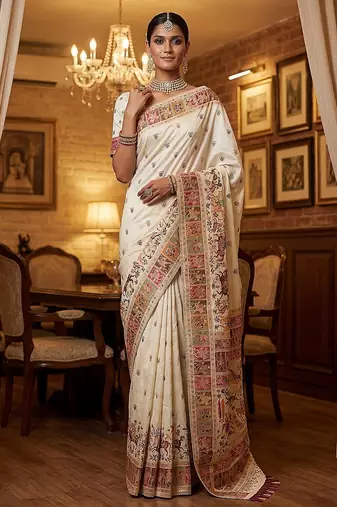 Off White Color Foliate Pattern,Zari And Shikaragh Zal Work Pashmina Silk Saree